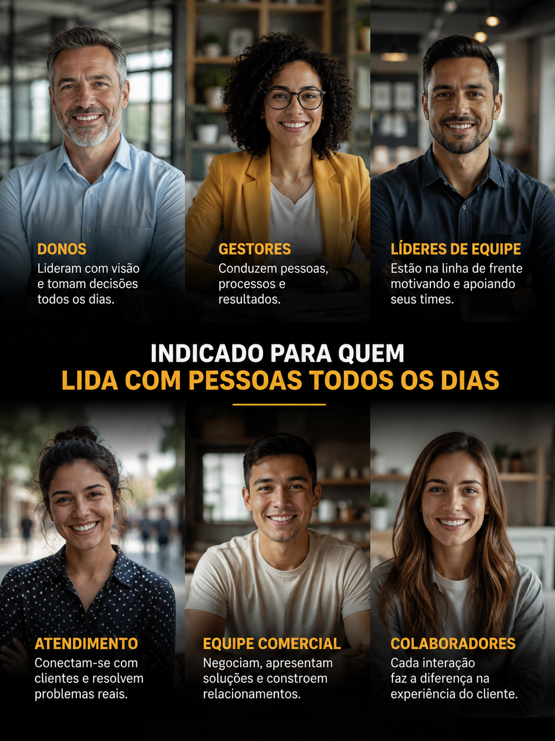 Mosaico: donos, gestores, líderes de equipe, atendimento, comercial e colaboradores — indicado para quem lida com pessoas todos os dias