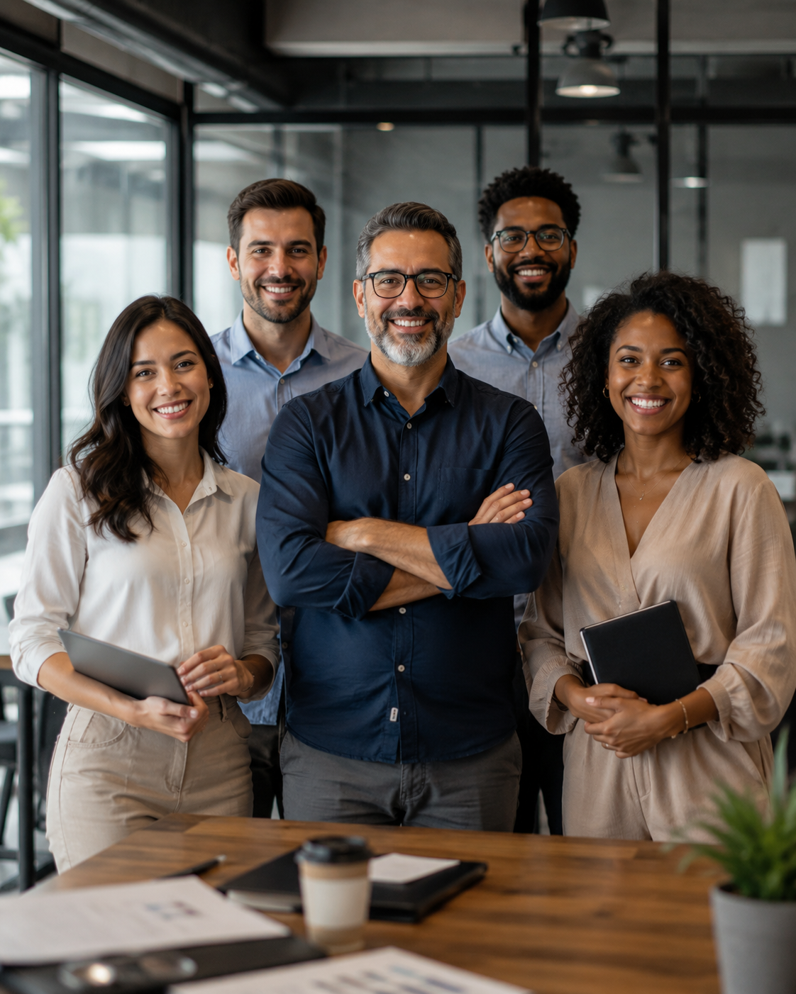 Equipe comercial sorrindo em escritório