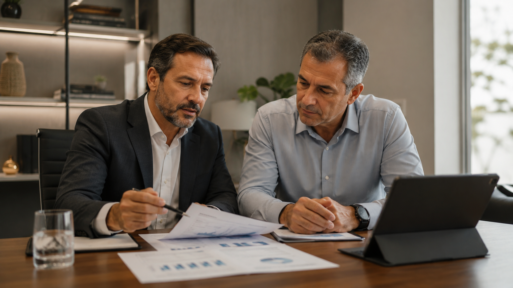 Dono de empresa e consultor analisando indicadores em reunião
