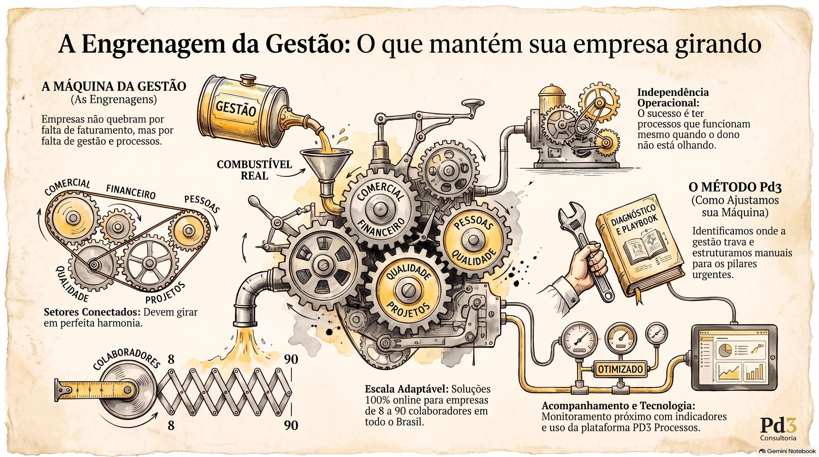 Infográfico: A Engrenagem da Gestão — o que mantém sua empresa girando