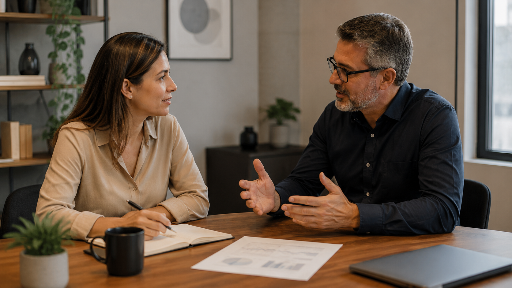 Líder conduzindo conversa de feedback com colaboradora